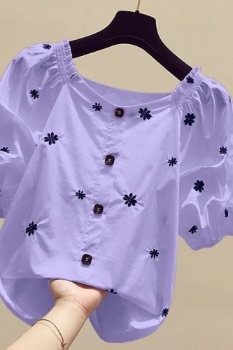 Chiffon shirt women's short sleeve 2022 Korean version summer foreign style beware of machine exposed clavicle small shirt covering belly one-line collar top