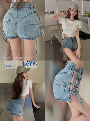 Real price in spring, the side braided lace up is slightly transparent, showing the trend of thin European and American spicy girl style Cowboy SHORTS