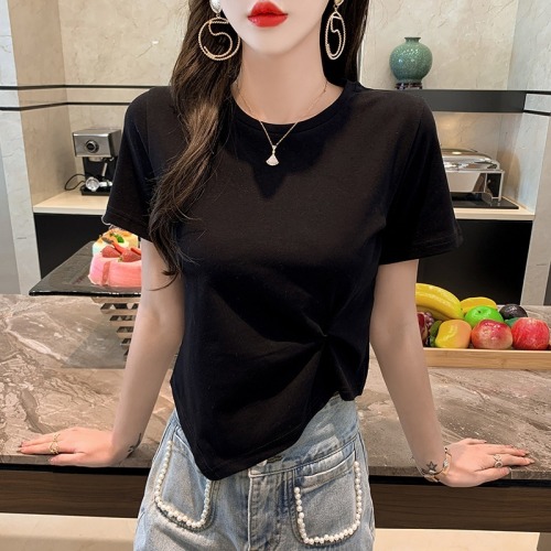 Real shooting pure cotton short sleeve design sense women's clothing summer half sleeve short irregular kink top