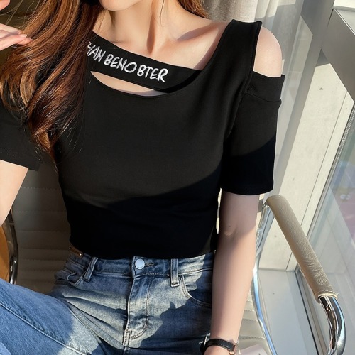 Real shooting pure cotton short sleeved women's new year's new summer off shoulder and clavicle top small design