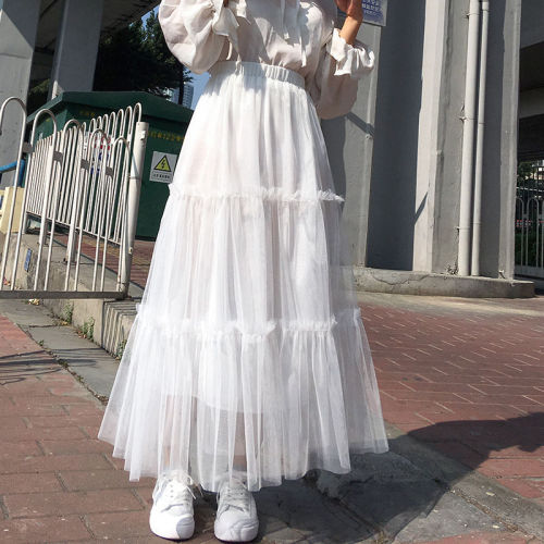  spring and summer women's gauze skirt women's half length skirt A-shaped fluffy mesh pleated fairy large pendulum medium length skirt