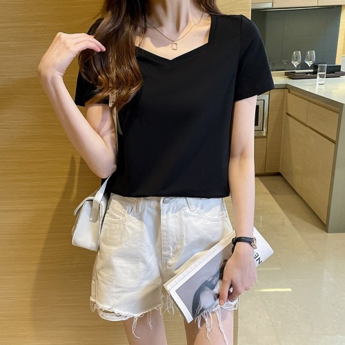 Real shooting of pure cotton short sleeve women's clothing new year's summer half sleeve collar solid color top, wide and relaxed, minority