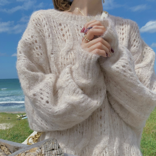 Spring 2022 new Mohair women's Korean version loose and versatile Pullover long sleeve lazy wind round neck hollow out knitting