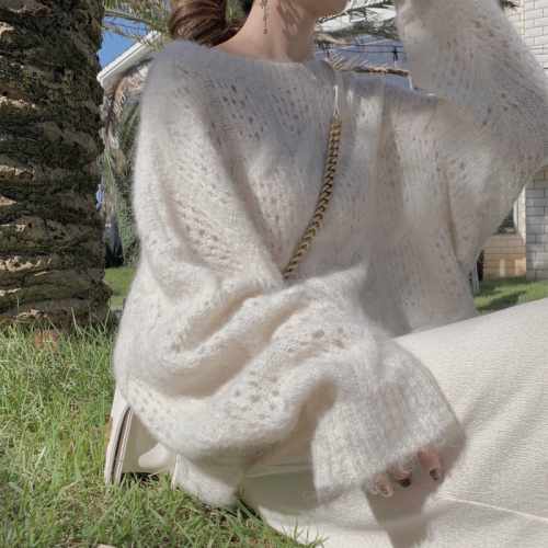Spring 2022 new Mohair women's Korean version loose and versatile Pullover long sleeve lazy wind round neck hollow out knitting