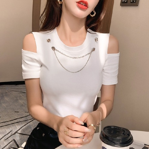 Real shooting pure cotton short sleeved women's clothing net red summer chain design sense off shoulder top short slim fit