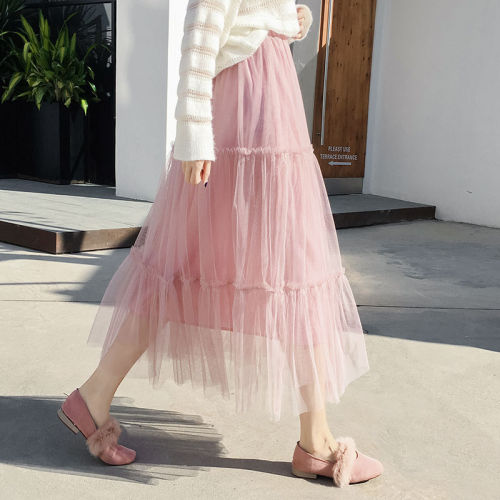  spring and summer women's gauze skirt women's half length skirt A-shaped fluffy mesh pleated fairy large pendulum medium length skirt