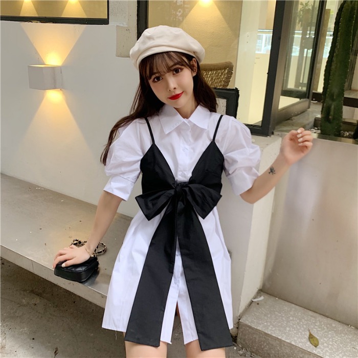 Real price ~ Korean retro bubble sleeve shirt + suspender bow tie short sleeve shirt skirt