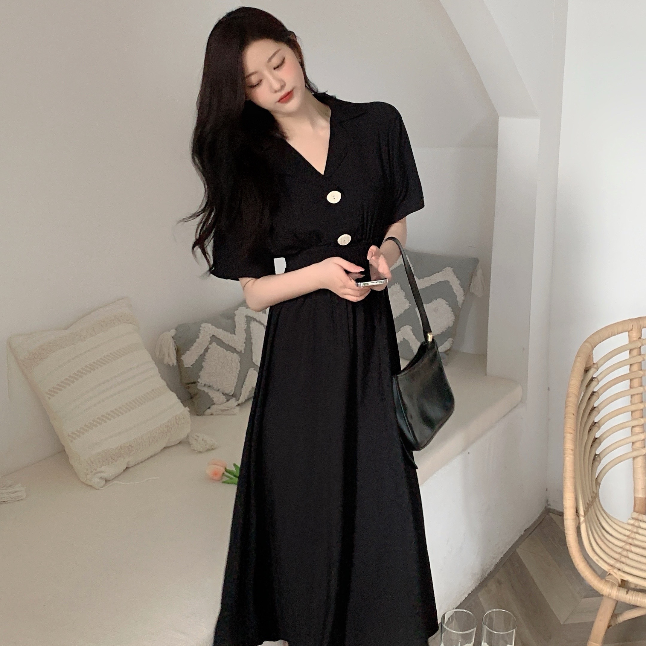 Real shooting large size women's summer Korean version Lapel medium length dress fat waist fairy skirt word skirt
