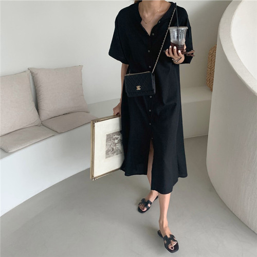 Simple small stand collar l loose slit long shirt skirt 2022 single breasted short sleeve gas long skirt cotton linen large
