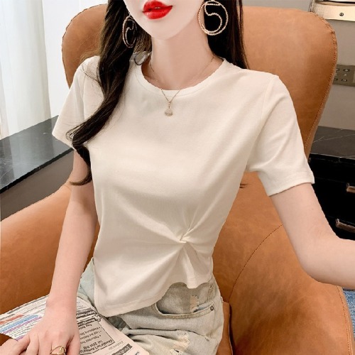 Real shooting pure cotton short sleeve design sense women's clothing summer half sleeve short irregular kink top