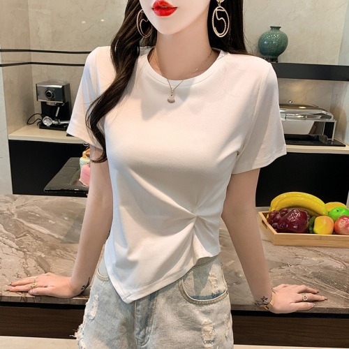 Real shooting pure cotton short sleeve design sense women's clothing summer half sleeve short irregular kink top