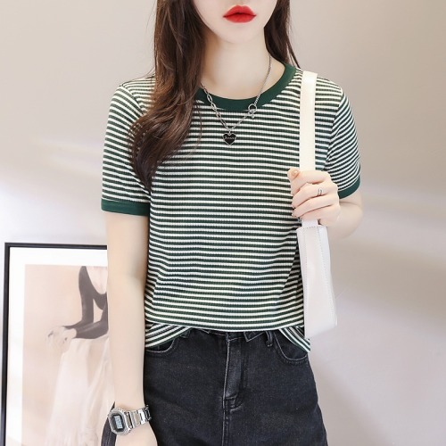 Real time striped short sleeve T-shirt women's  new summer half sleeve loose contrast color bottomed shirt T-shirt top