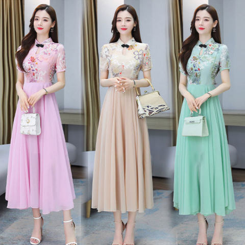 Ice silk dress women's summer 2022 new Korean casual loose print large retro knee length skirt