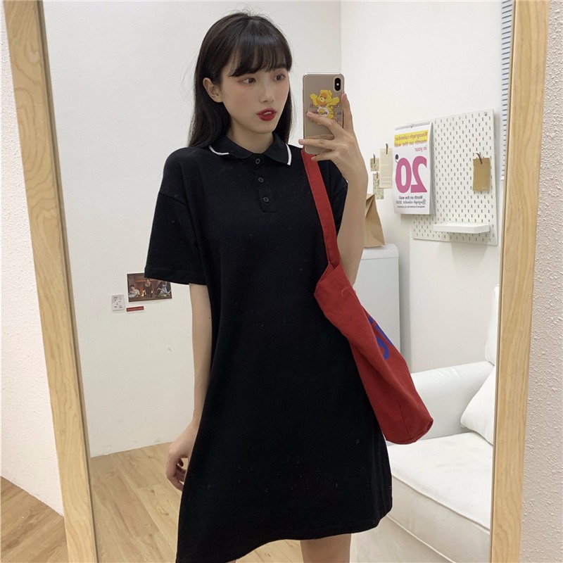 Real shot 100% cotton summer new polo shirt skirt loose short sleeve medium length T-shirt skirt