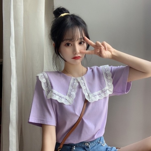 Sweet lace doll neck short sleeve T-shirt women's summer design sense of minority loose Korean black top