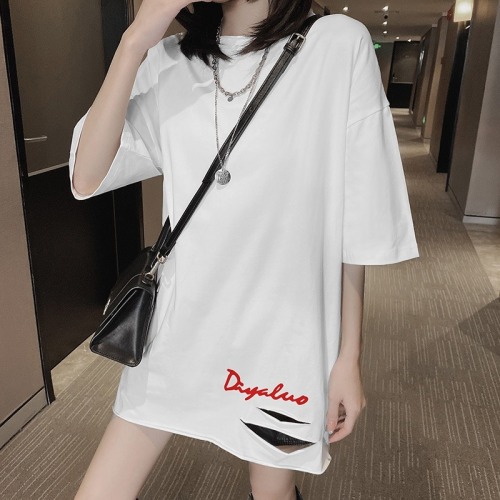 Real shooting pure cotton short sleeved T-shirt women's wear summer  loose medium and long perforated design sense niche top