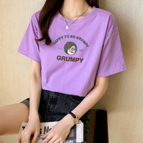 Real shooting pure cotton short sleeve T-shirt women's clothing summer  regular basic cartoon printing round neck loose top