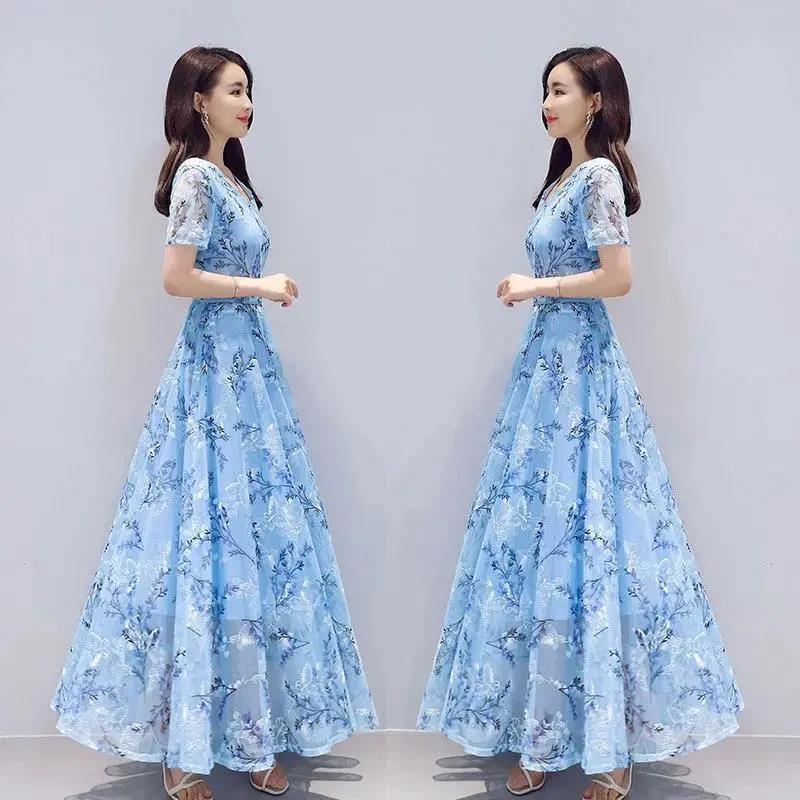2022 new ice silk print dress summer V-Neck long women's fashion slim and foreign style Korean large beach skirt