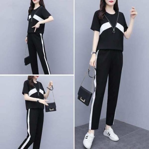 Summer new fashion large size women's wear fat mm loose thin splicing age reducing sports suit foreign style fashionable two-piece set