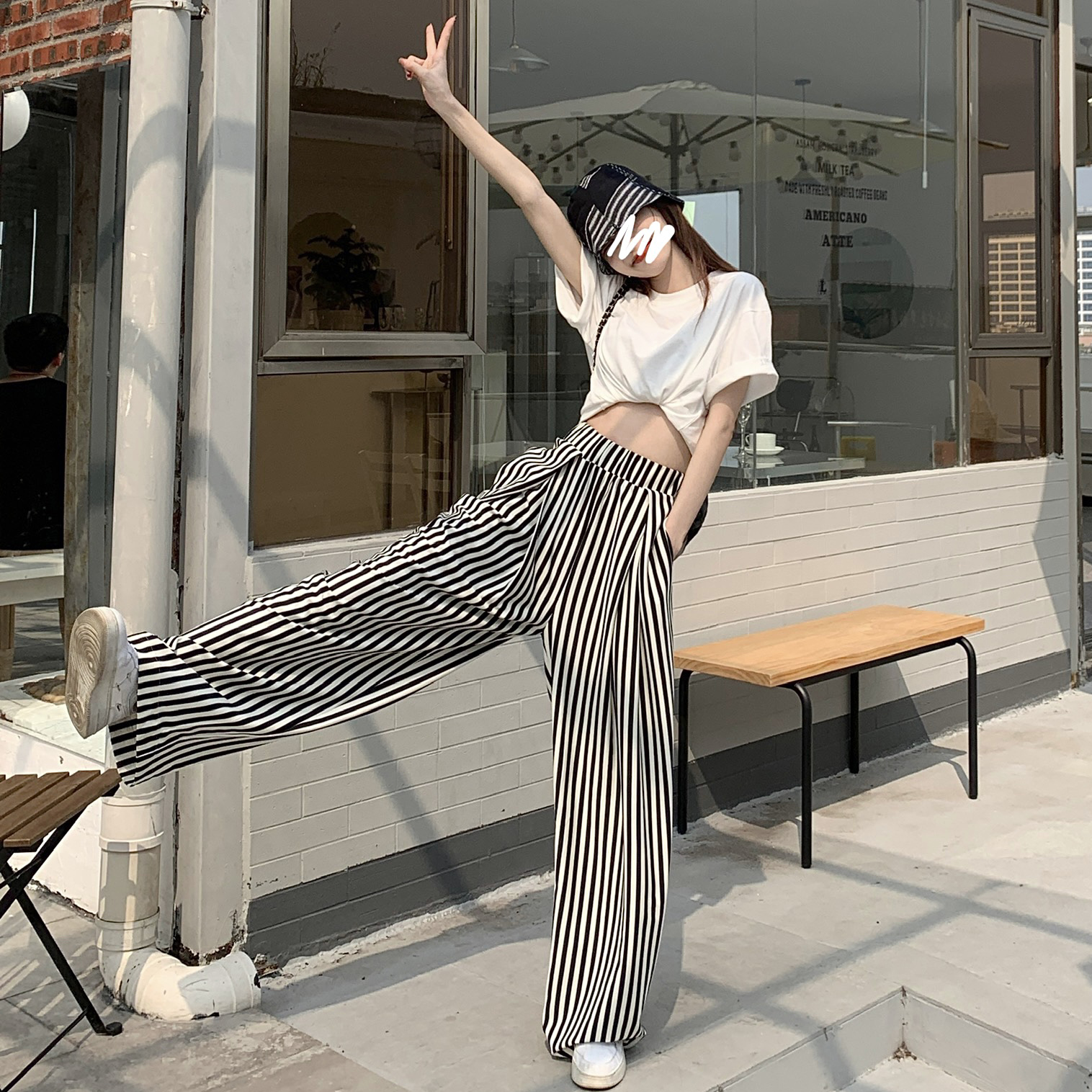 Real price black and white striped wide leg pants elastic waist straight tube long leg pants pocket casual pants women