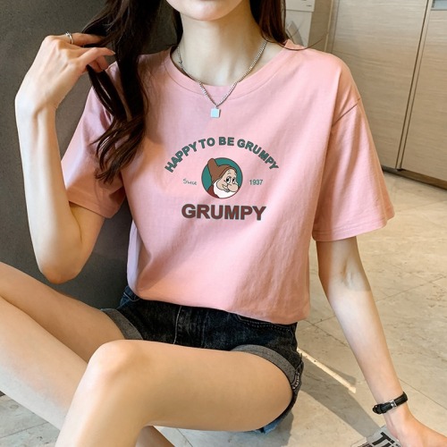 Real shooting pure cotton short sleeve T-shirt women's clothing summer  regular basic cartoon printing round neck loose top