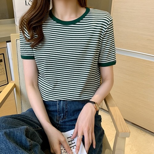 Real time striped short sleeve T-shirt women's  new summer half sleeve loose contrast color bottomed shirt T-shirt top