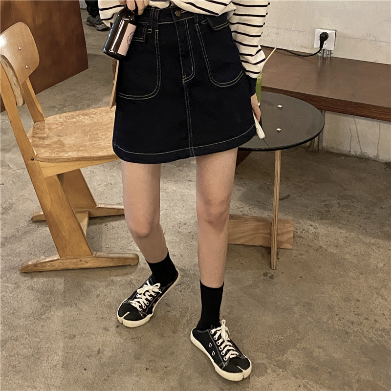 Real price! 2022 bright line jeans skirt dark blue retro high waist slim and versatile A-line skirt