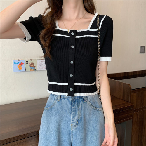 South Korea 2022 spring and summer new style square neck open back short sleeve slim fit, contrast color short bottomed sweater, women's top