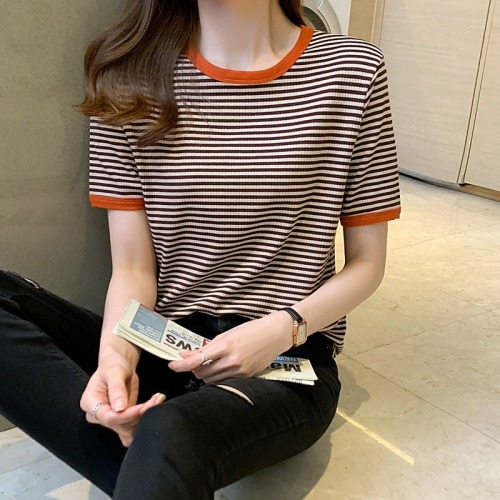 Real time striped short sleeve T-shirt women's  new summer half sleeve loose contrast color bottomed shirt T-shirt top