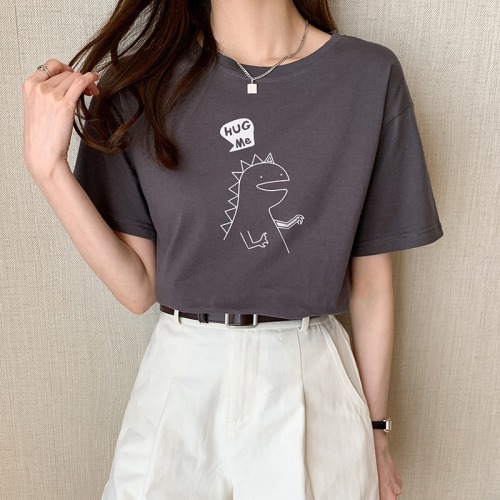 Real shot pure cotton short sleeve T-shirt women's clothing summer  regular basic printed round neck loose top