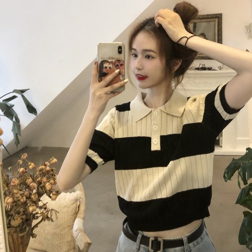 Summer 2022 new Korean color contrast stripe thin short sleeve sweater women's short thin foreign style BM top