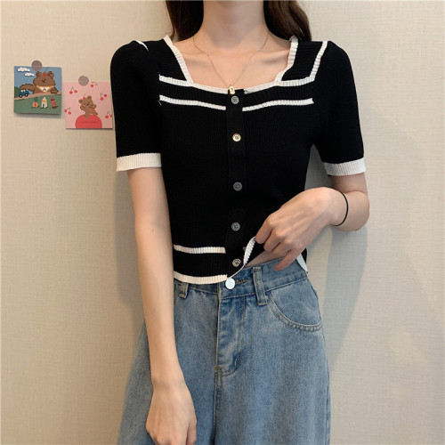 South Korea 2022 spring and summer new style square neck open back short sleeve slim fit, contrast color short bottomed sweater, women's top