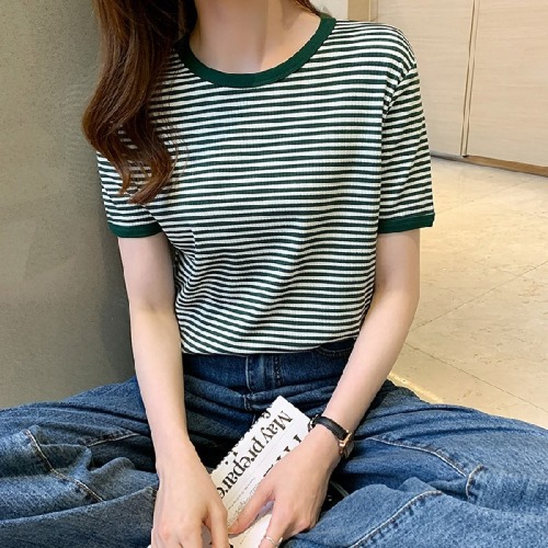 Real time striped short sleeve T-shirt women's  new summer half sleeve loose contrast color bottomed shirt T-shirt top