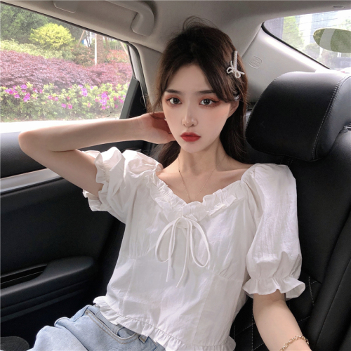Real shot French Chic super fairy shirt female personality fungus edge square neck short lace up short sleeve shirt