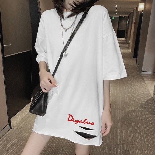 Real shooting pure cotton short sleeved T-shirt women's wear summer  loose medium and long perforated design sense niche top