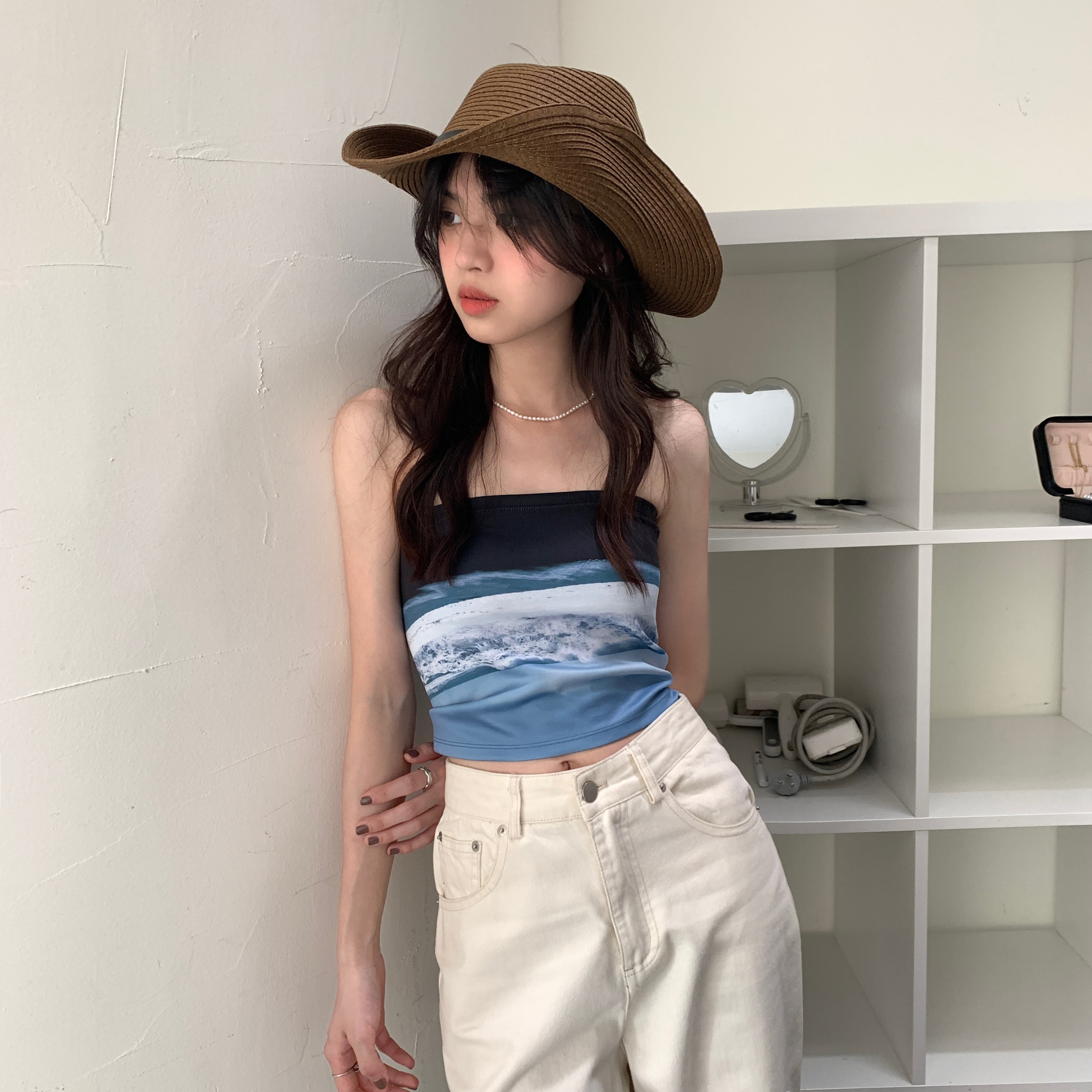 Real price and real shooting hot girl sunset sea Print Elastic short one-piece bra new style outer wear and inner wear