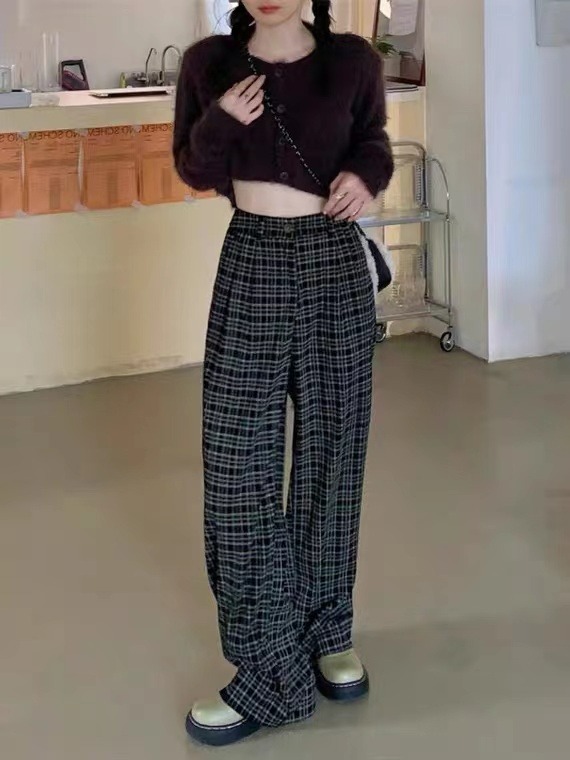 Non real time retro Plaid wide leg pants for female students high waist loose hanging floor mops
