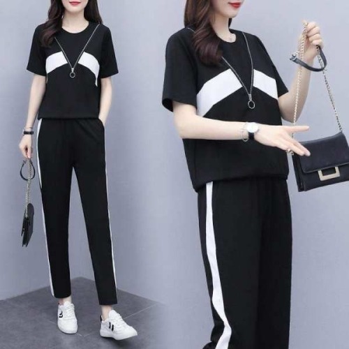 Summer new fashion large size women's wear fat mm loose thin splicing age reducing sports suit foreign style fashionable two-piece set