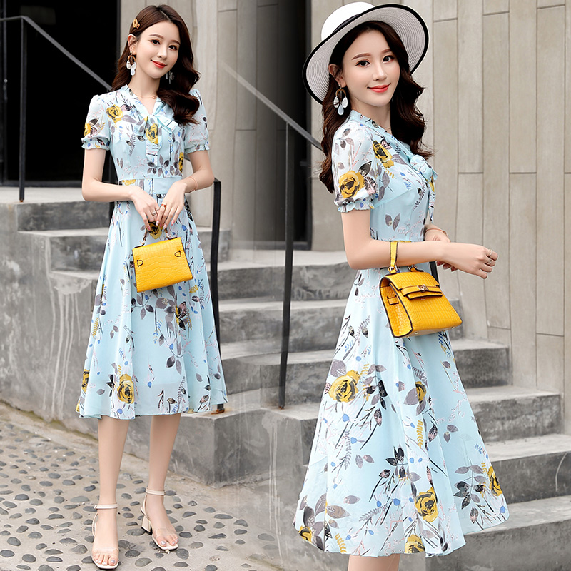 Sweet fashion small broken flower bow tie dress fairy summer French minority short sleeve printed thin skirt