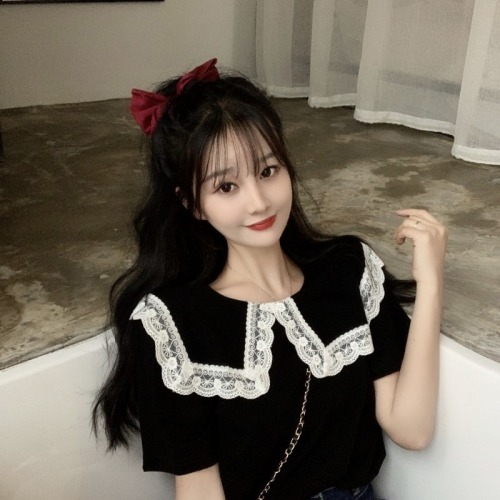 Sweet lace doll neck short sleeve T-shirt women's summer design sense of minority loose Korean black top