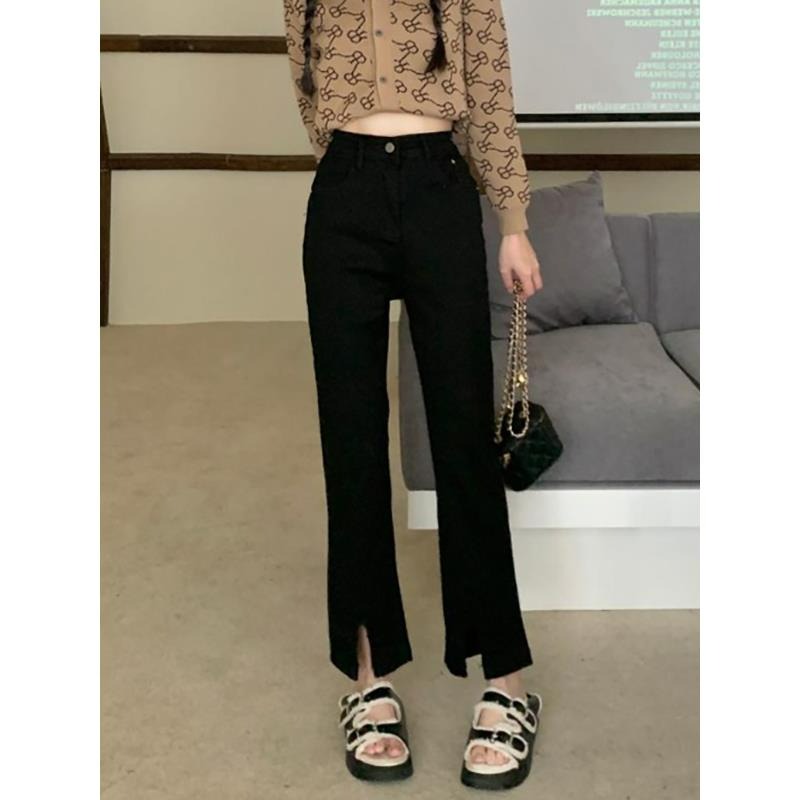 Non real shot 9-point black split jeans women's thin elastic straight tube 9-point pipe pants