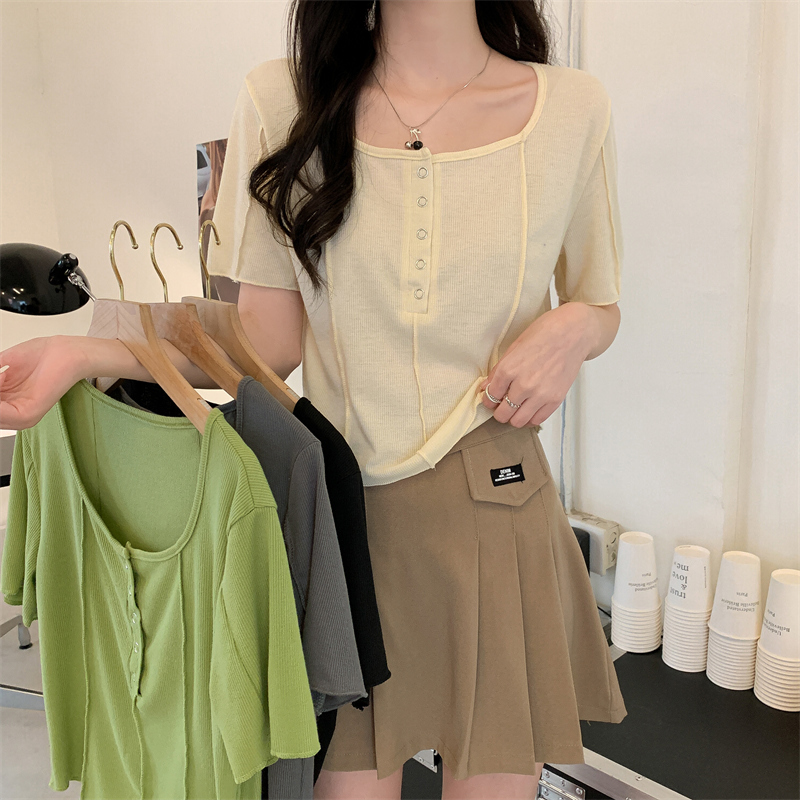 Real shooting in summer pure sexy girl style irregular short large U-neck T-shirt thin short sleeved blouse women