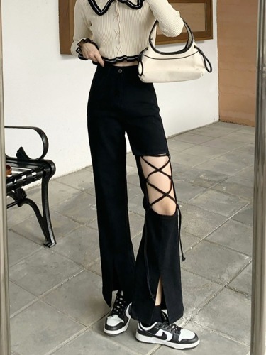 Non real shooting spring and summer split slim micro flared pants hole bandage jeans high waist trousers women
