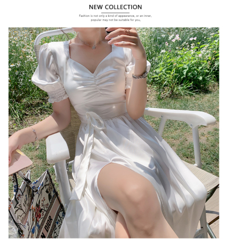 Gentle wind, lady's style, waist closed and thin French long skirt, new style western style V-neck side split dress in summer