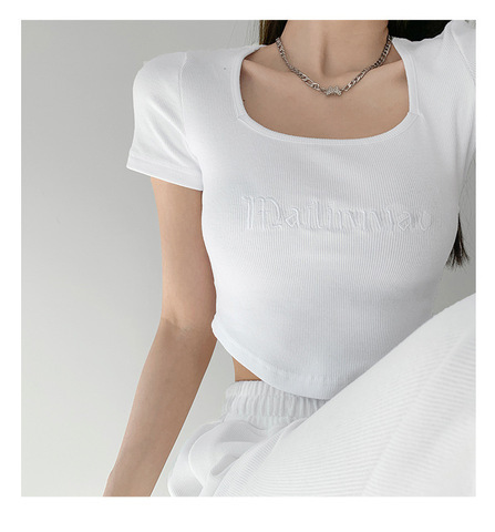 Pit bar letter embroidery slim square neck low chest exposed collarbone short sleeve T-shirt exposed navel top  summer new