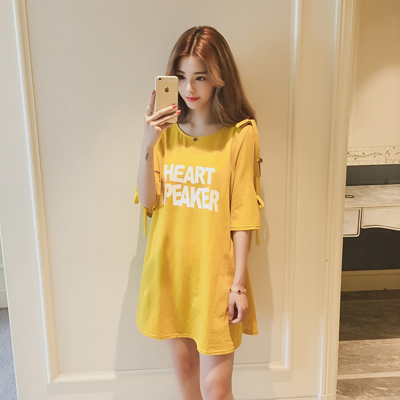 Summer Korean bow letter printed 5-sleeve women's blouse women's middle and long style missing shoulder