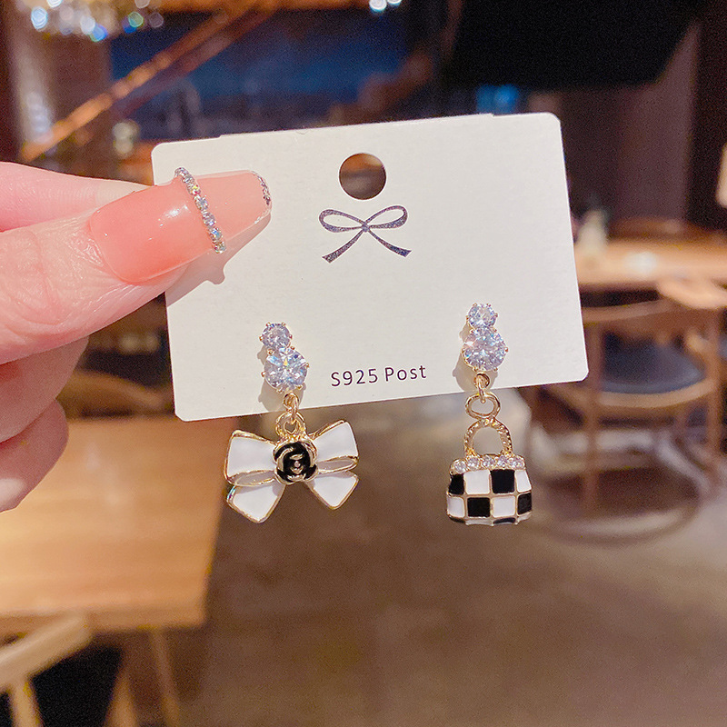 Real shot S925 silver needle design asymmetric bag Bow Earrings super fairy large zircon exquisite