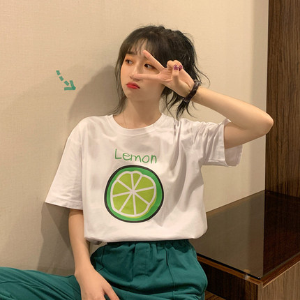 Cotton short sleeved t-shirt female ins fashion Korean student top lemon loose large medium and long letter printed top summer