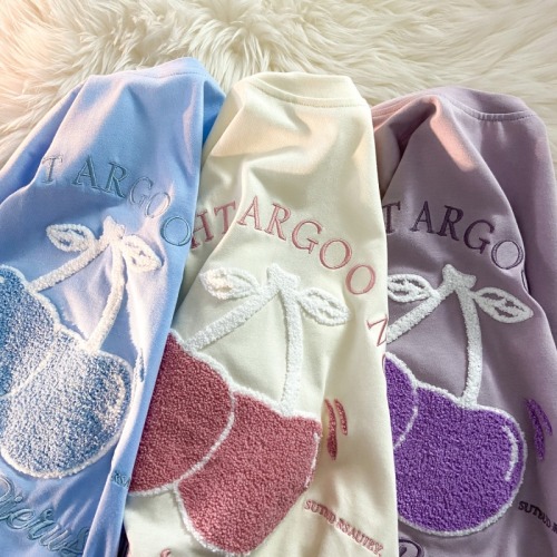 Cotton towel embroidery lazy wind flocking embroidery cherry short sleeve T-shirt women's soft girl loose top fashion