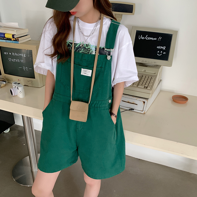Real shot real price Korean version of age reducing cowboy suspenders female chic minority versatile loose straight shorts
